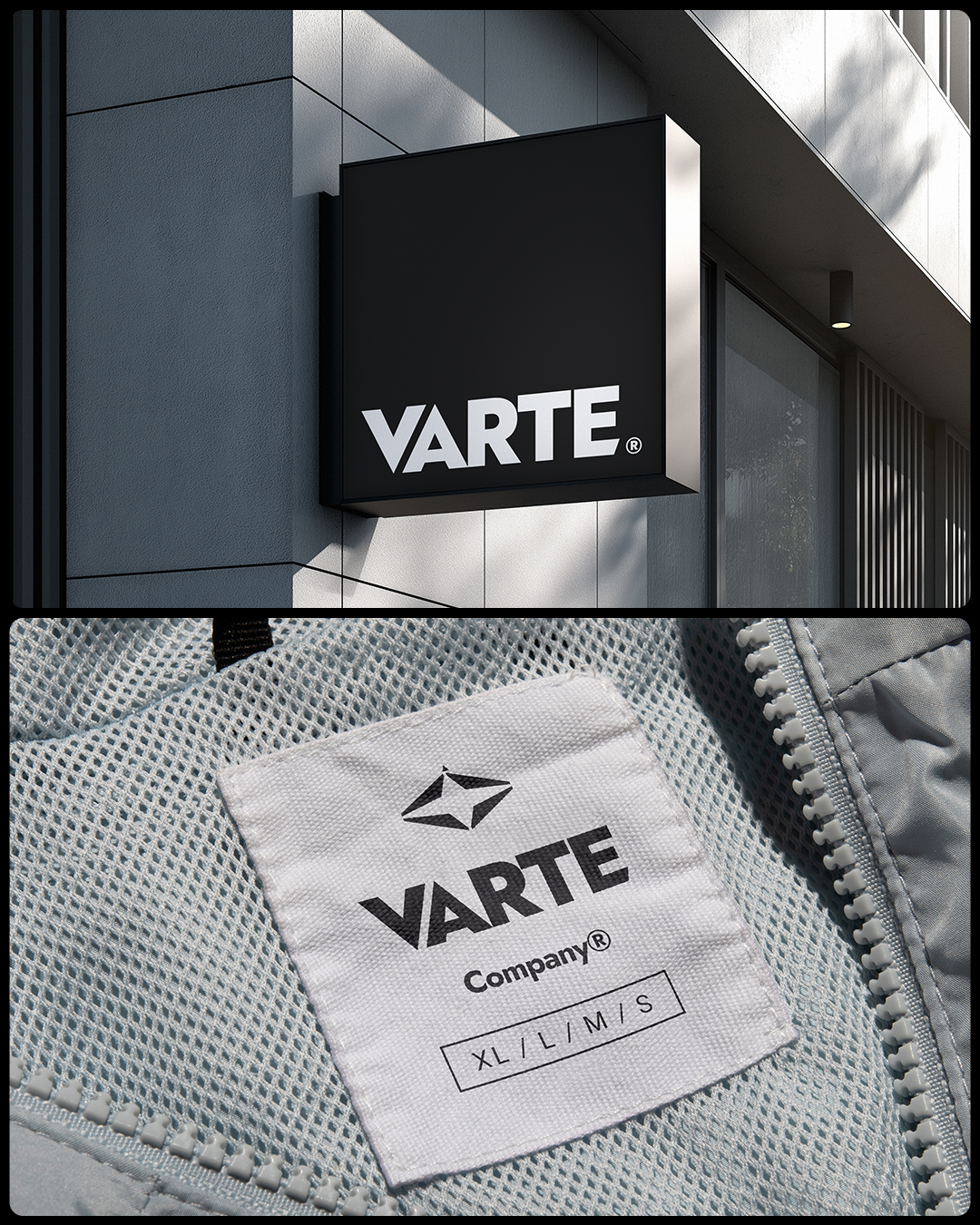 Aplicações da Varte na fachada e em uma etiqueta
